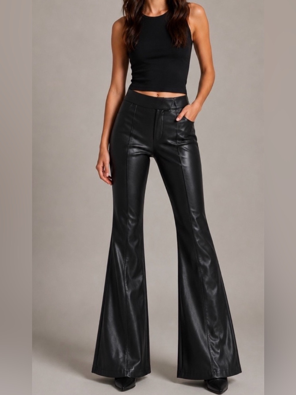 7 For All Mankind Black Faux Leather Flare Pants Tailored Front Seam, Small NWOT